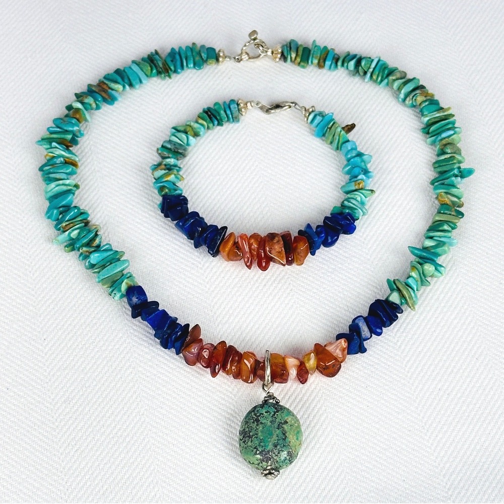 Artisan Turquoise Lapis Spiny Oyster Necklace Bracelet Set Southwest Gem Chips